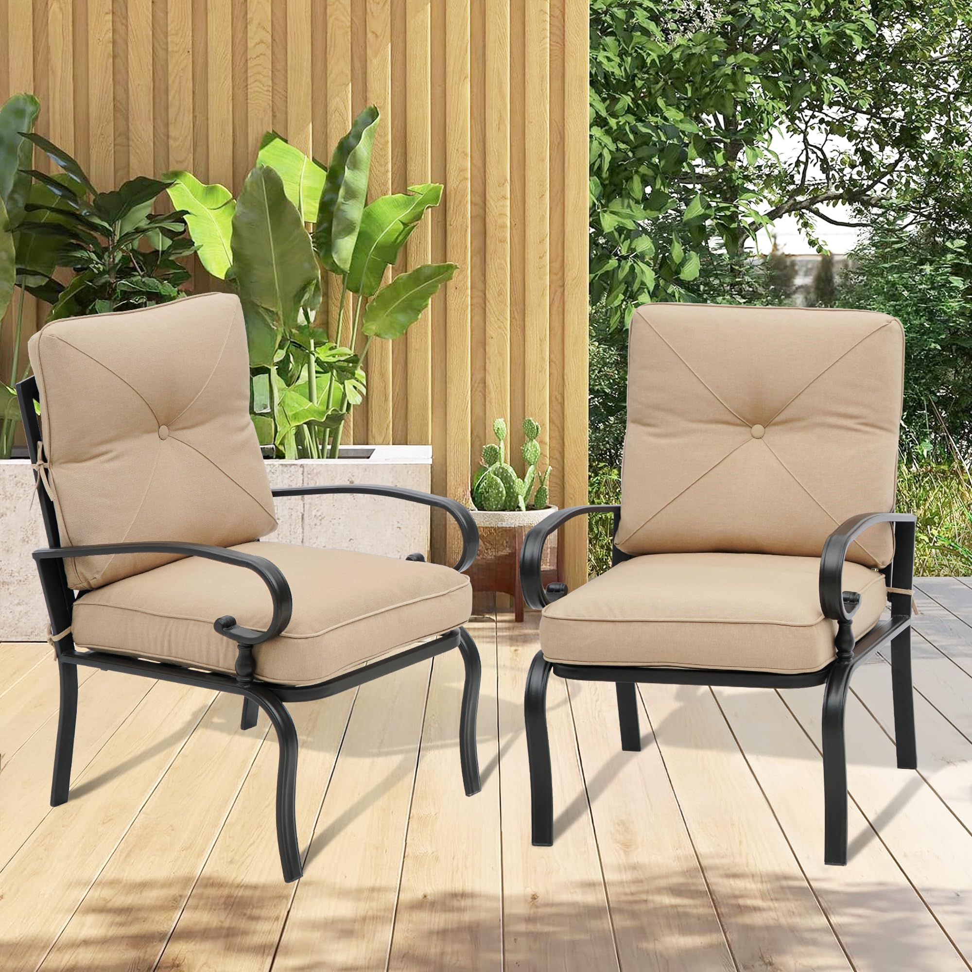 2-Piece Patio Dining Chairs Bistro Set - Wrought Iron Outdoor Furniture with Brown Cushions, All-Weather Garden Seating for Backyard, Balcony or Poolside Relaxation