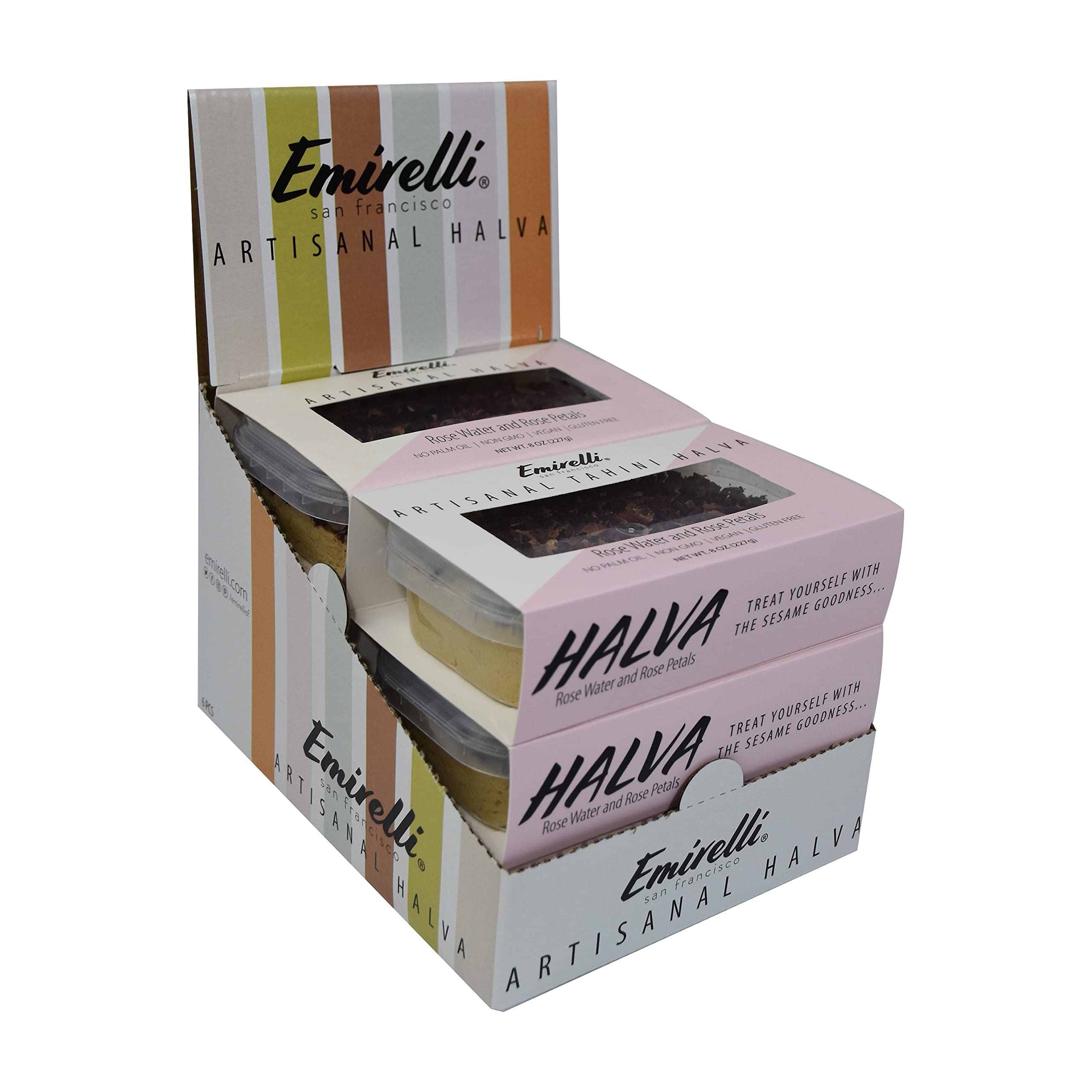 Premium Emirelli Artisanal Halva Dessert - Authentic Middle Eastern & Turkish Vegan Sweets - 55% Tahini Halwa with Rose Water & Petals - Traditional Halvah Candy - Pack of 6 | Perfect for Gifts, Tea Time & Dessert Platters