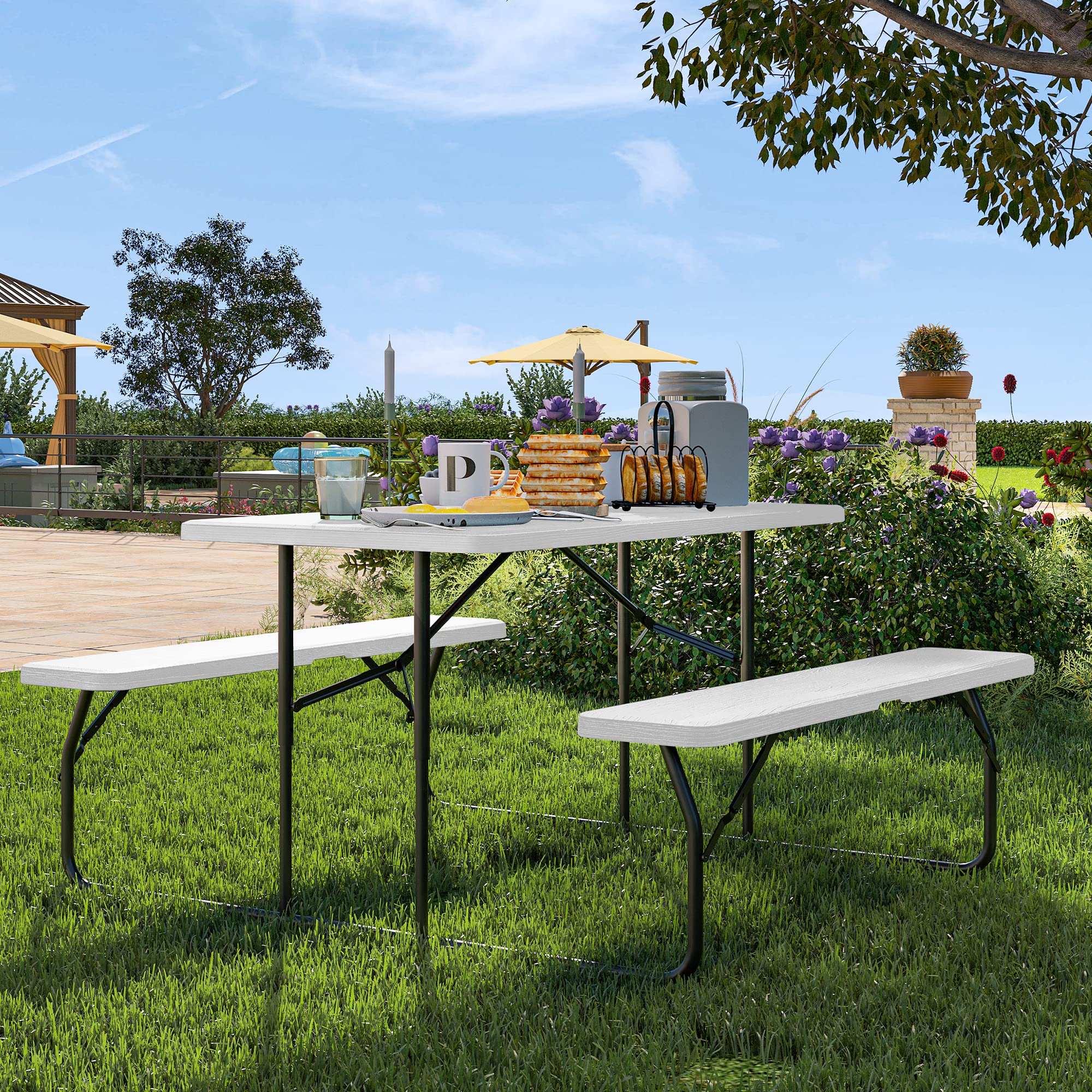 YITAHOME Folding Picnic Table with Benches - Easy Assembly Steel Frame & Weather-Resistant Wood-Like Tabletop - Perfect for Outdoor Dining, Backyard BBQs, Camping & Patio Parties (White)