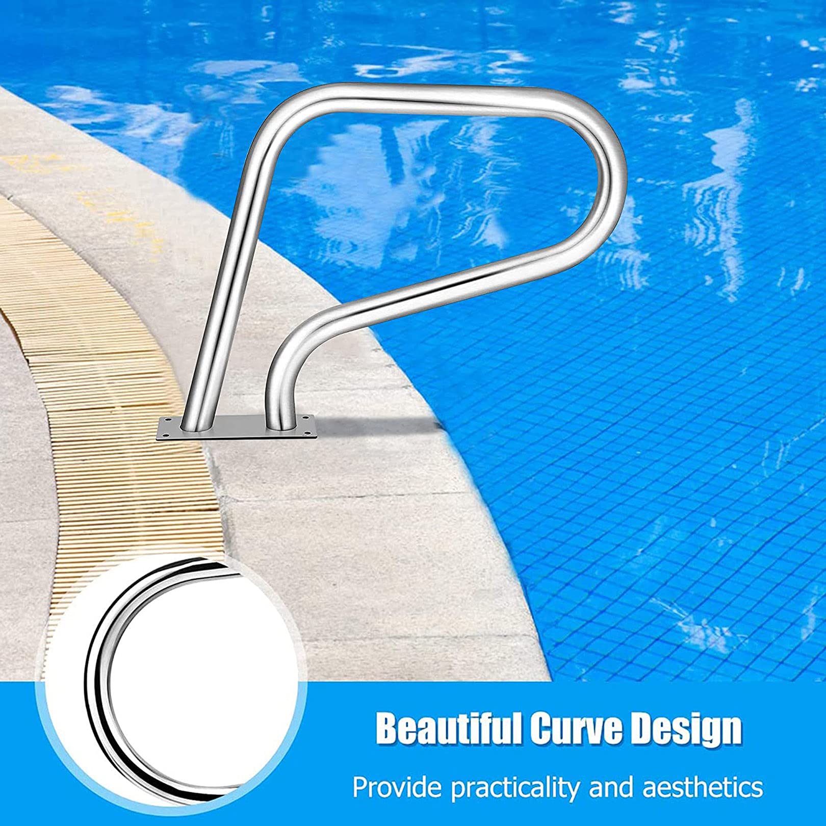 Stainless Steel Pool Handrail with Base Plate - Safety Railing for Inground Swimming Pool Steps | Durable Non-Slip Grip for Easy Pool Entry & Exit | Perfect for Elderly & Kids Safety Around Poolside
