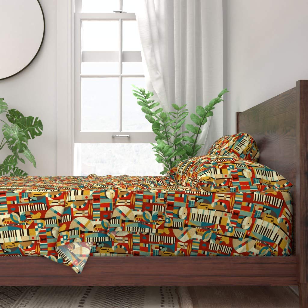 100% Cotton Twin Sheet Set 3pc - Jazz Abstract Geometric Mid Century Modern Retro Music Print Bedding | Soft & Breathable Cotton Sheets for Bedroom Decor, Guest Room & Dorm Essentials