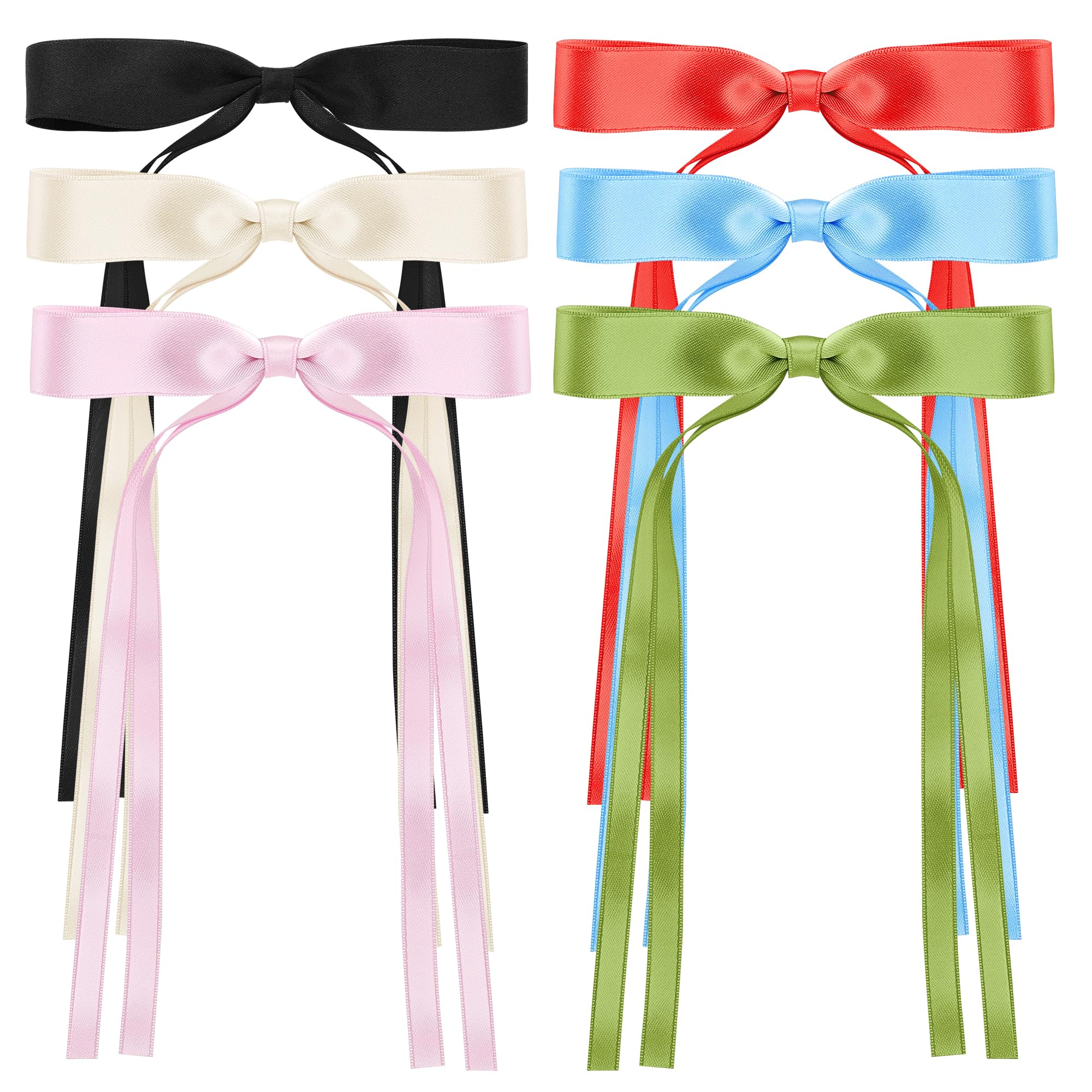 6Pcs Satin Ribbon Hair Bows for Women with Metal Clips - Elegant Tassel Bowknot Hair Clips with Long Tail - Perfect Hair Barrettes & Bow Accessories for Weddings, Parties & Daily Styling