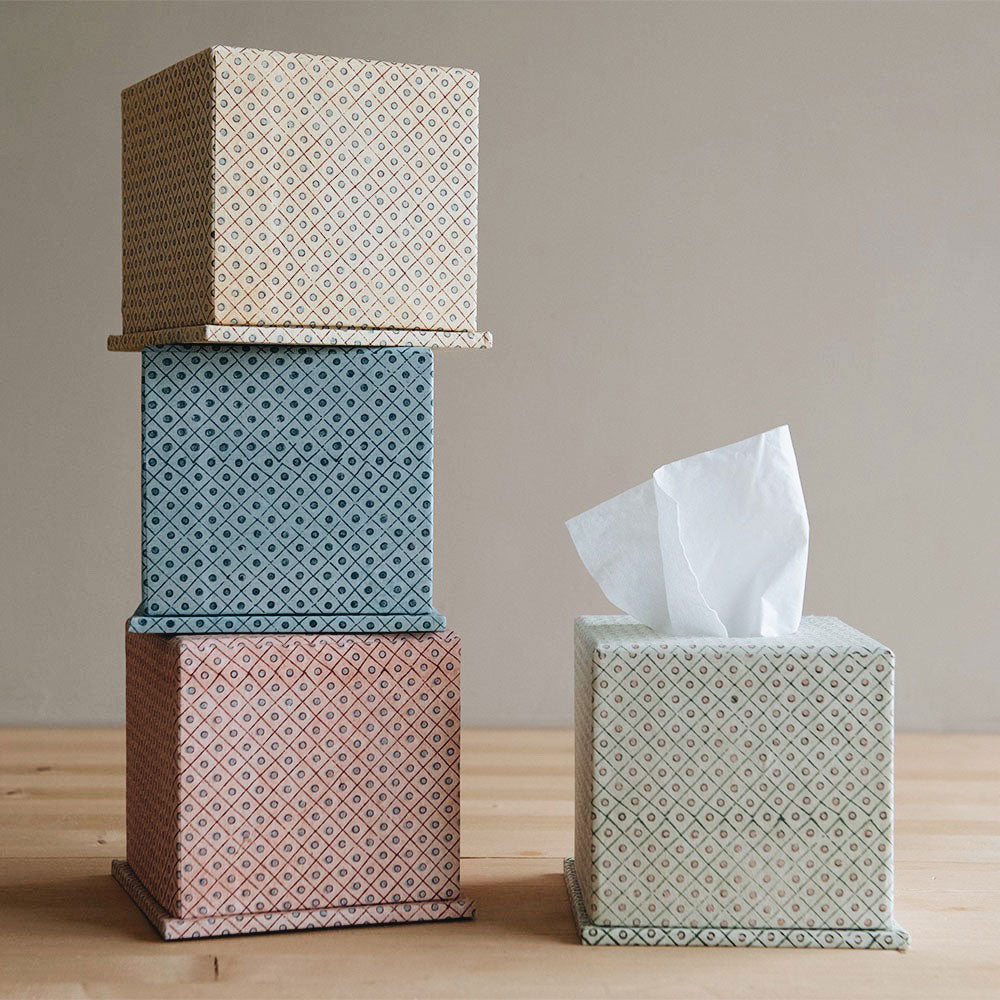 Handmade Block Printed Tissue Box Cover - Eco-Friendly Green Cotton Fabric - Perfect for Living Room, Bedroom & Bathroom Decor