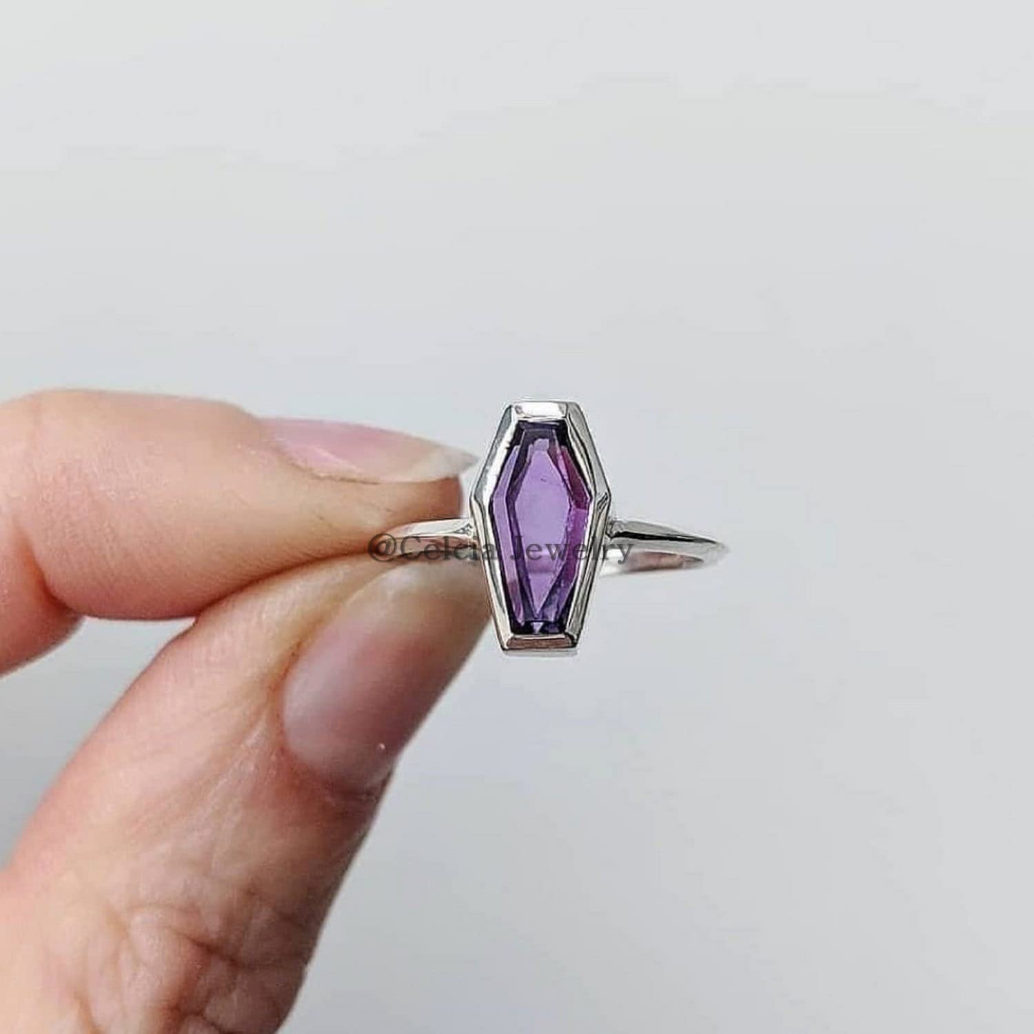 Handmade Amethyst Purple Gemstone Coffin Ring for Women - February Birthstone Jewelry, Statement Ethnic Ring, Unique Gift for Wife, Mom, Anniversary & Birthday - Size 7 - Perfect for Boho Fashion, Special Occasions & Everyday Elegance