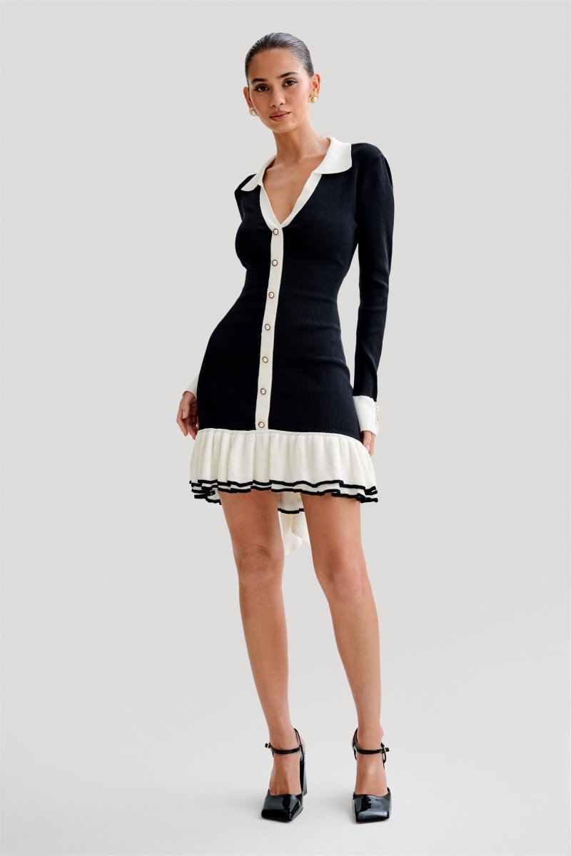 Alexia Contrast Ruffle Bow Mini Knit Dress - Women's Elegant Party Cocktail Dress for Date Night & Special Occasions