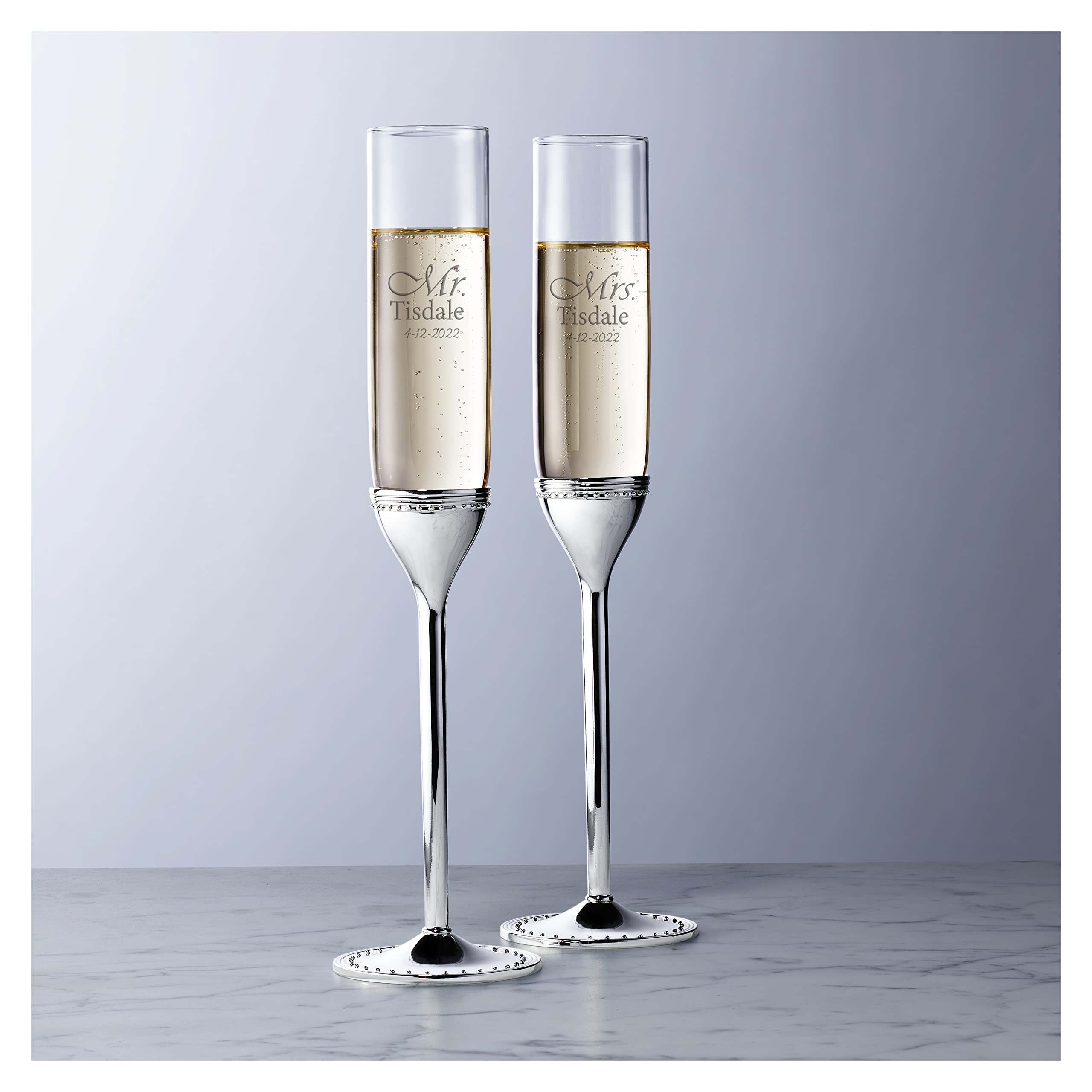 Vera Wang Personalized Wedding Champagne Flutes Set of 2 - Custom Engraved Silver Grosgrain Toasting Glasses for Bride and Groom - Perfect for Wedding Receptions, Bridal Showers & Anniversary Gifts