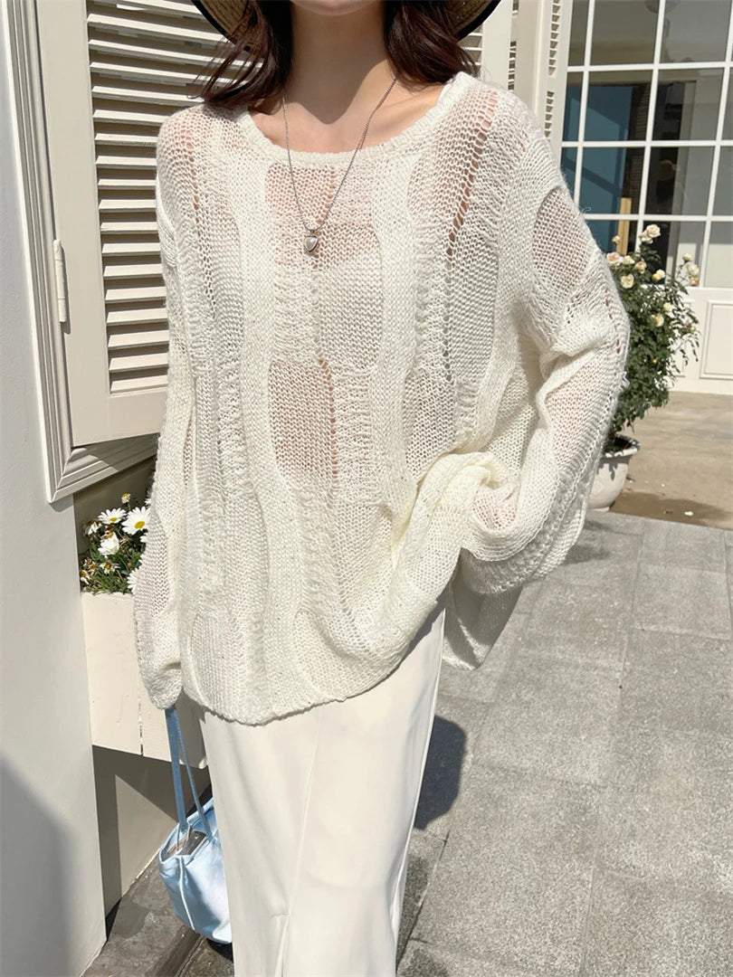 Beige Oversized Hollow Knit Sweater for Women - Round Neck Long Sleeve Pullover | 2025 Spring Autumn Fashion Trend (Style 1DH9646) - Perfect for Casual Outings, Office Wear & Cozy Fall Layering