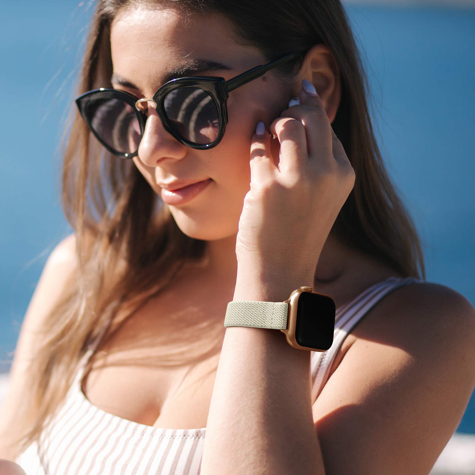 SICCIDEN Slim Stretchy Apple Watch Bands for Women - Elastic Nylon Thin Strap Compatible with iWatch Ultra 2/1, SE, Series 10/9/8/7/6/5/4/3/2/1 (46mm/49mm/45mm/44mm/42mm) - Ivory White & Rose Gold - Perfect for Workouts, Running, Yoga & Everyday Wear