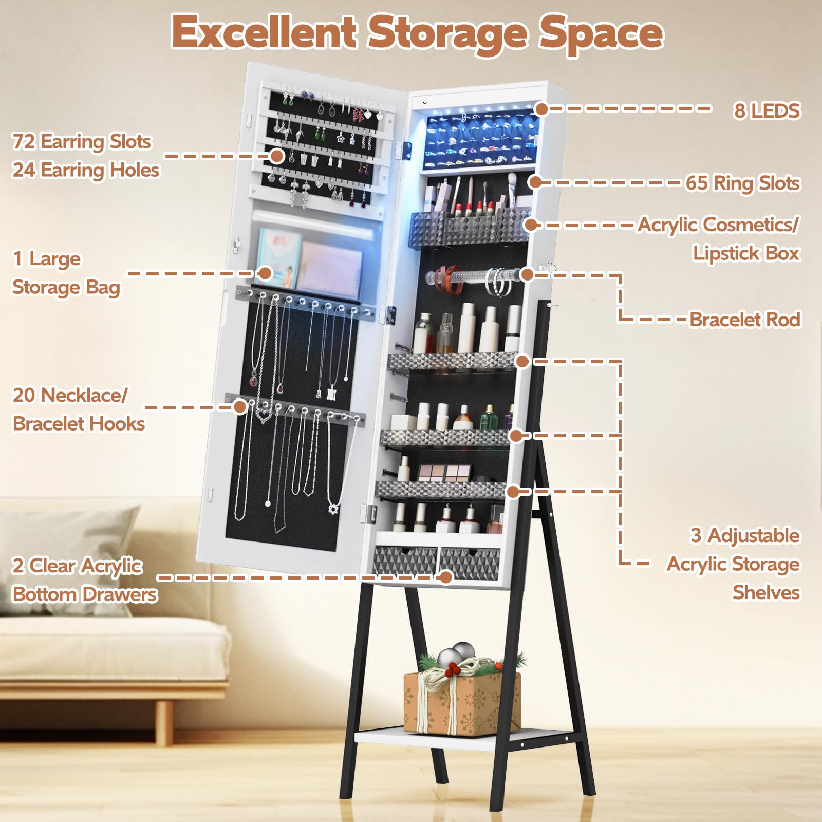 Full Length LED Mirror Jewelry Cabinet with Storage - Lockable Makeup Armoire with 2 Drawers, Large Cosmetic Organizer for Bedroom & Bathroom (White) - Perfect for Vanity, Dressing Room & Closet Organization