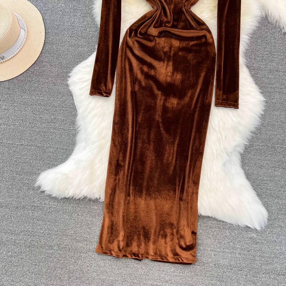 Women's Autumn Winter Long Sleeve Square Neck Velvet Midi Dress 1361 | Elegant Fall & Winter Formal Wear for Parties, Weddings & Holiday Events