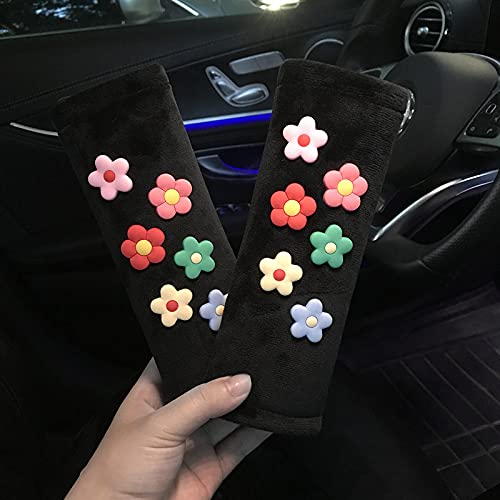 Cute Daisy Flower Car Steering Wheel Cover & Seat Belt Pad - Soft Gear Shift Cover for Women, Girls Auto Interior Accessories | Perfect for Summer Road Trips & Daily Commute