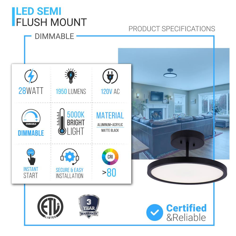 28W Round LED Semi Flush Mount Ceiling Light Fixture - Matte Black with White Acrylic Shade - 1950LM Bright Dimmable Lighting - Perfect for Bedroom, Kitchen, Hallway & Living Room