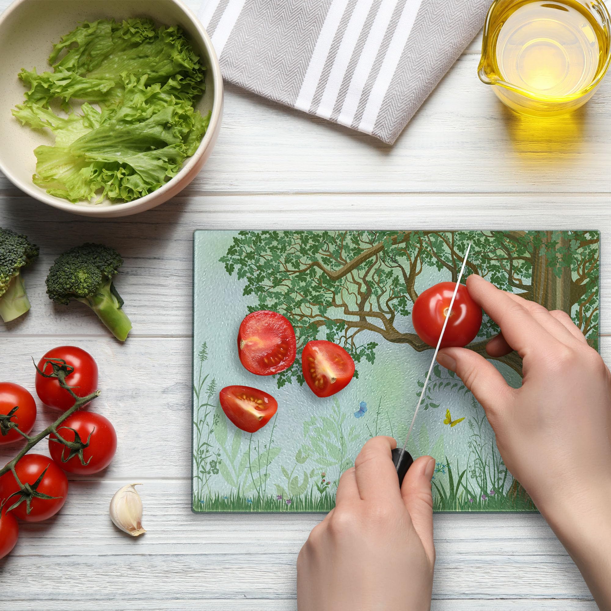 Ambesonne Nature Themed Cutting Board - Spring Summer Tree Grass Butterfly Oil Painting Design, Decorative Tempered Glass Serving Board for Kitchen, Small Size (Green Brown White) - Perfect for Cheese Platters, Charcuterie Displays & Wall Art Decor