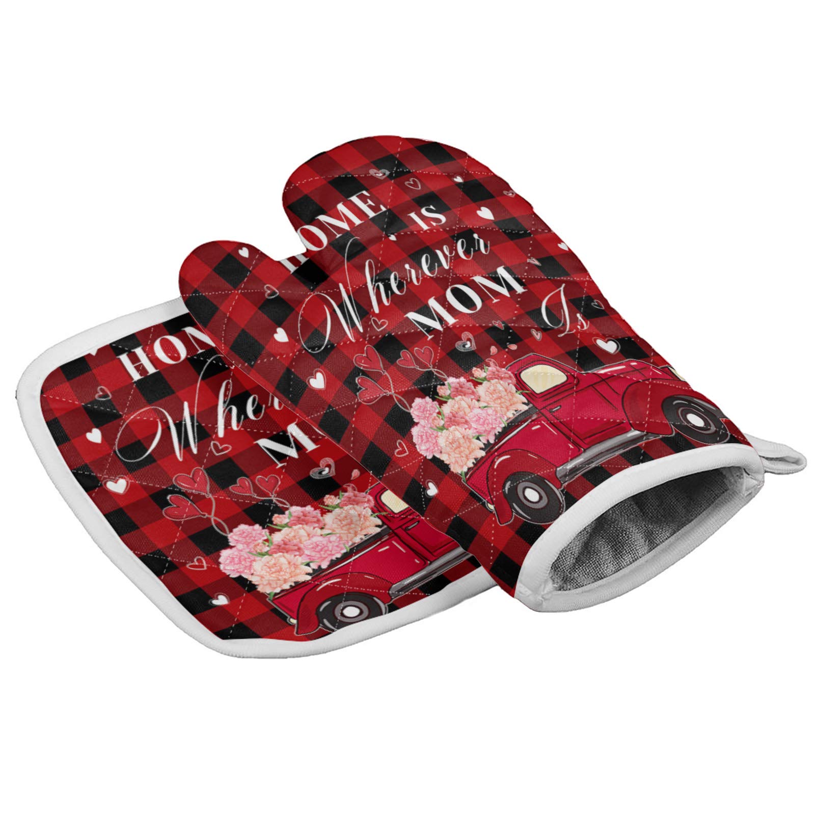 Heat Resistant Oven Mitts and Potholders Set - 2 Pcs Buffalo Check Kitchen Gloves with Cotton Infill for Cooking, Baking & Grilling - Perfect for Mothers Day Gifts & Home Kitchen Use