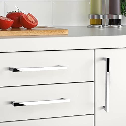 Gobekor 50 Pack Solid Cabinet Pulls - Polished Chrome Square Cabinet Handles 6-1/4 Inch Hole Centers, Modern Drawer Pulls for Kitchen Cabinets, Dressers & Furniture Hardware (Set of 50)