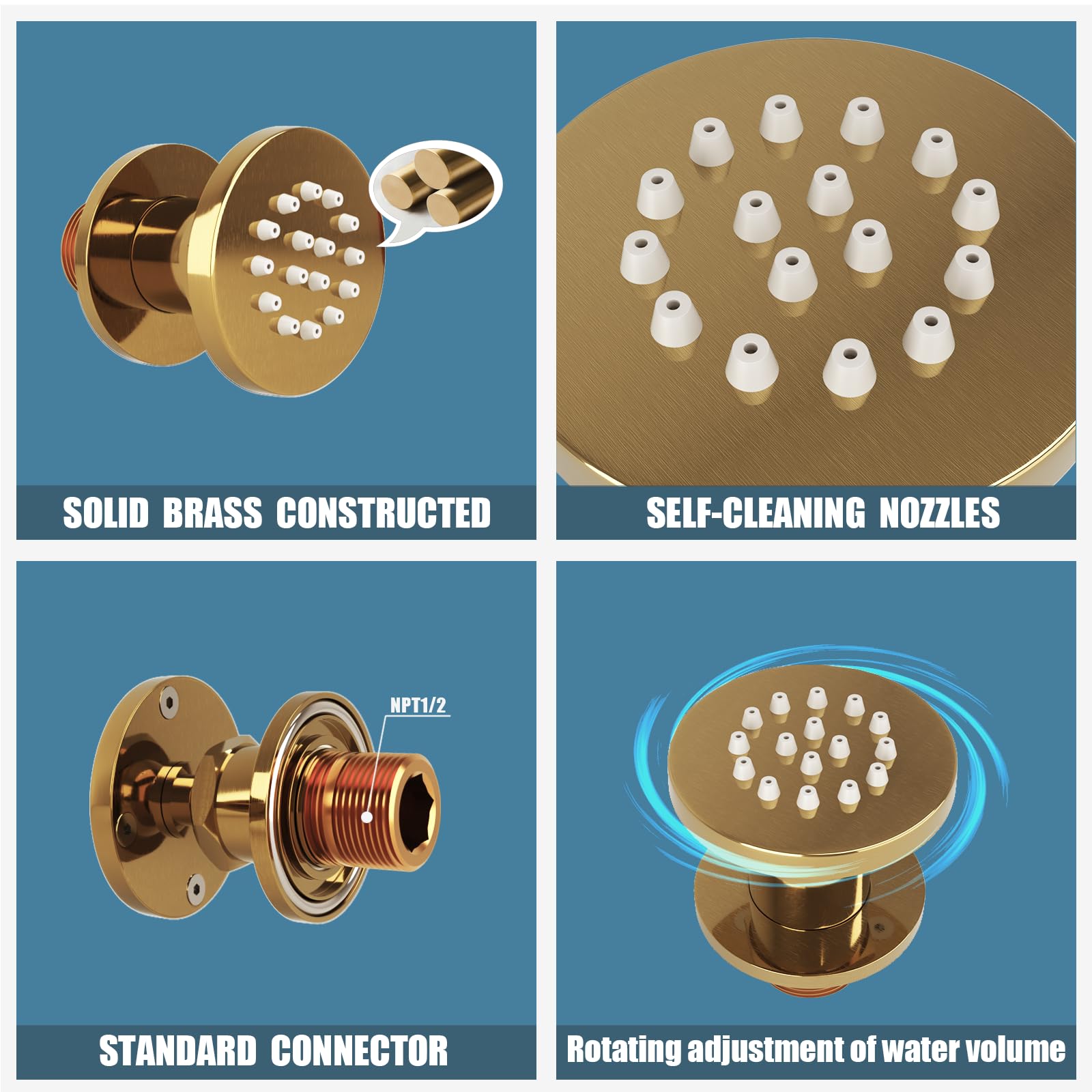 Adjustable Round Shower Head with On/Off Switch - Wall Mount Body Spray Jets with 360° Rotation & Flow Control in Gold Finish - Perfect for Spa-Like Bathroom Experience and Relaxing Shower Sessions