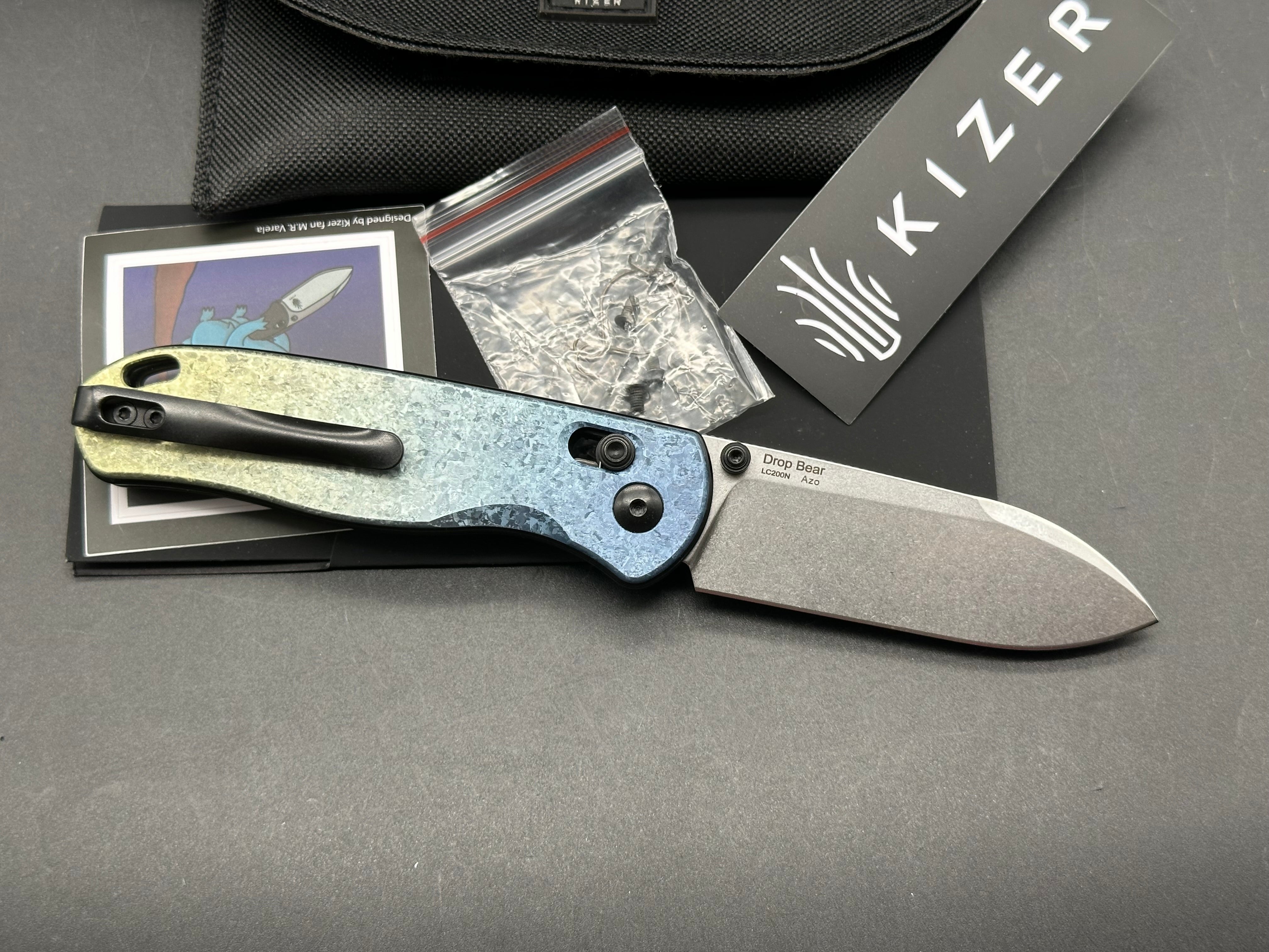 Kizer Azo Drop Bear Clutch Lock Folding Knife - Titanium Handle with 3 Stonewash Finish - EDC Pocket Knife for Camping, Hiking & Outdoor Adventures