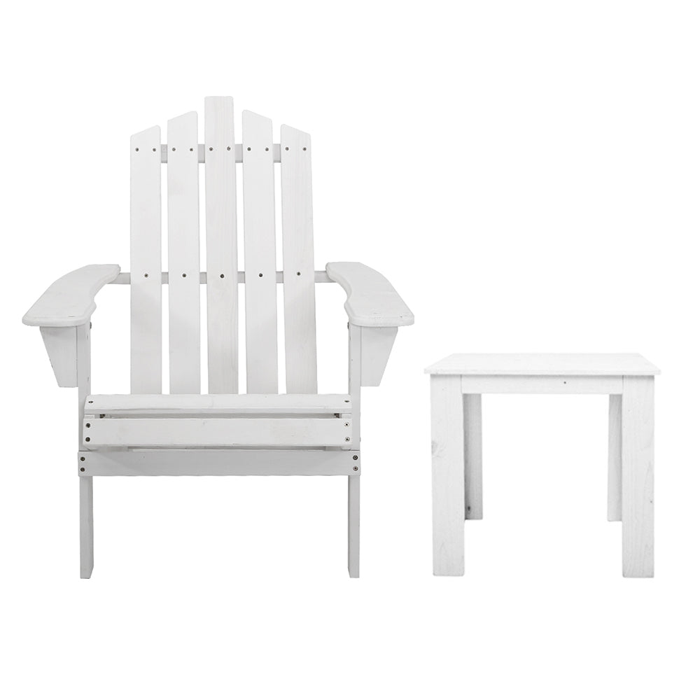 3-Piece White Wooden Adirondack Outdoor Table and Chairs Set - Perfect for Beach, Patio, Garden, and Backyard Relaxation