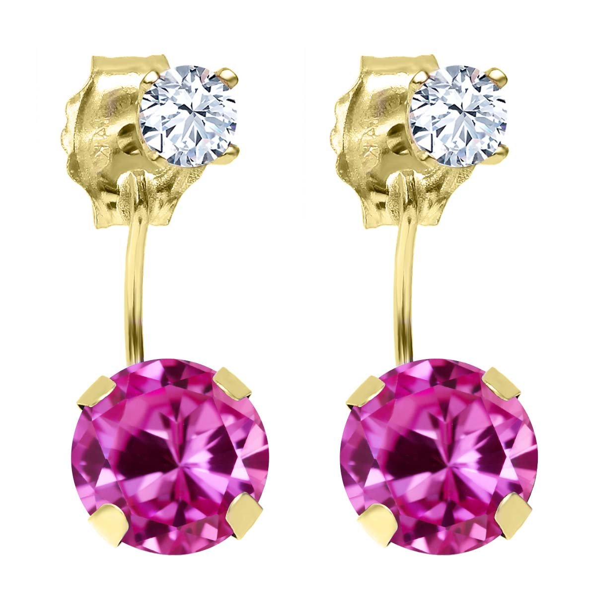 2.28 Ct Round Pink Created Sapphire & White Topaz 14K Yellow Gold Stud Earrings for Women - Elegant Dangle Jewelry Gift for Birthday, Anniversary & Special Occasions