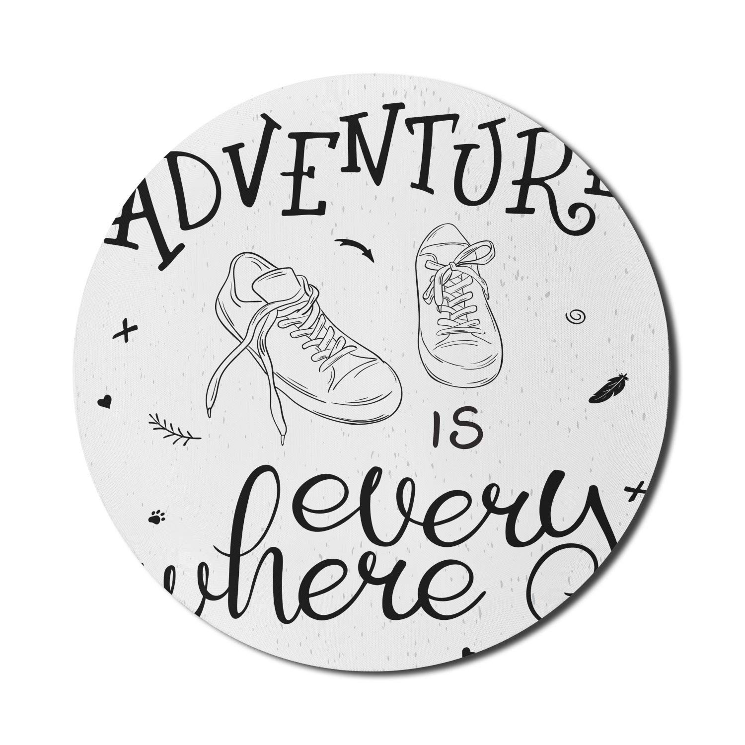 Ambesonne Adventure Mouse Pad - Round Non-Slip Rubber Gaming Mousepad with Youth Sneaker Hiking Design, 8 Inch White & Black - Perfect for Computer Work, Gaming & Office Use