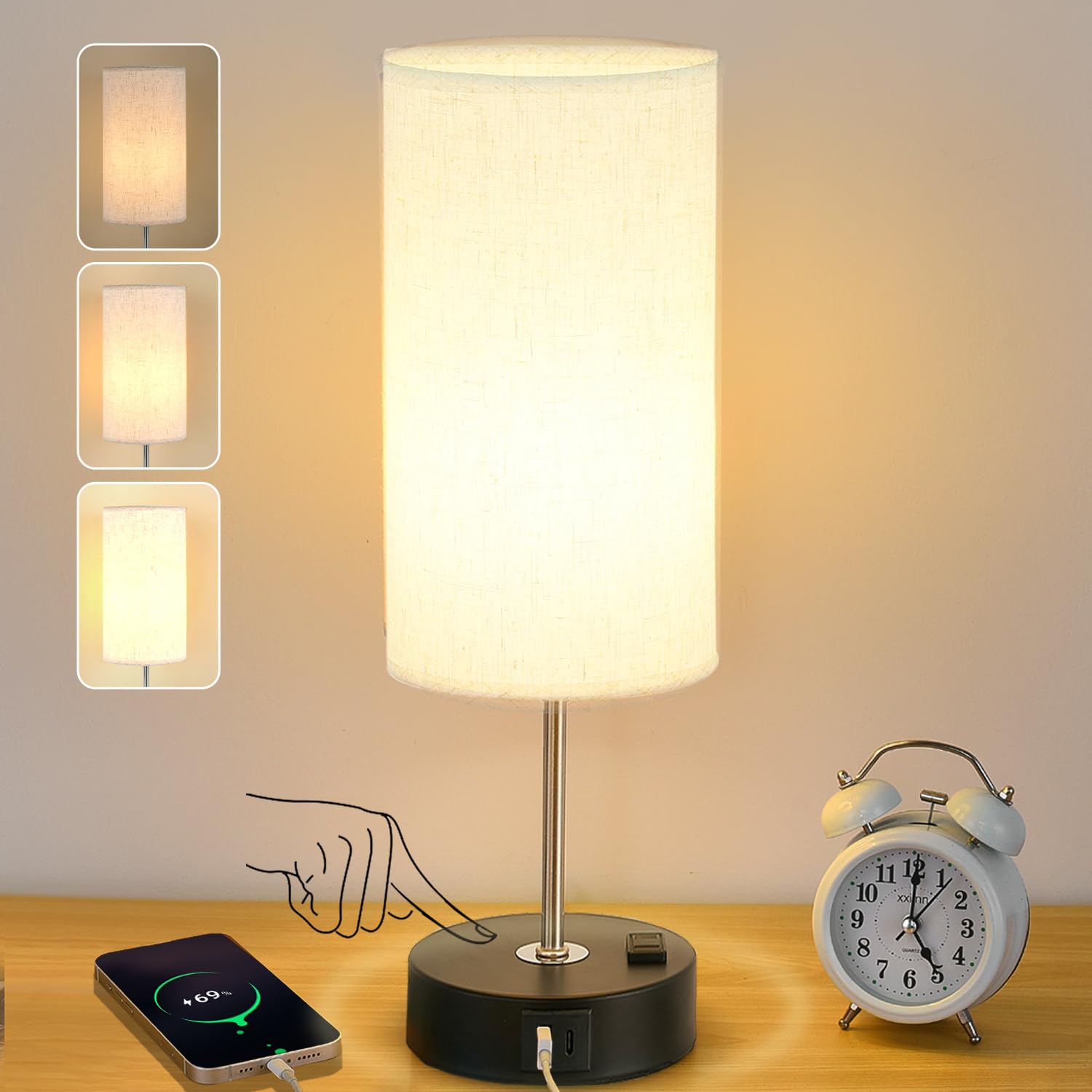 3-Way Dimmable Bedside Table Lamp with USB Port - Touch Control Nightstand Lamp for Bedroom, Living Room, Dorm & Home Office (Bulb Included, Linen) - Perfect for Reading, Working & Relaxing