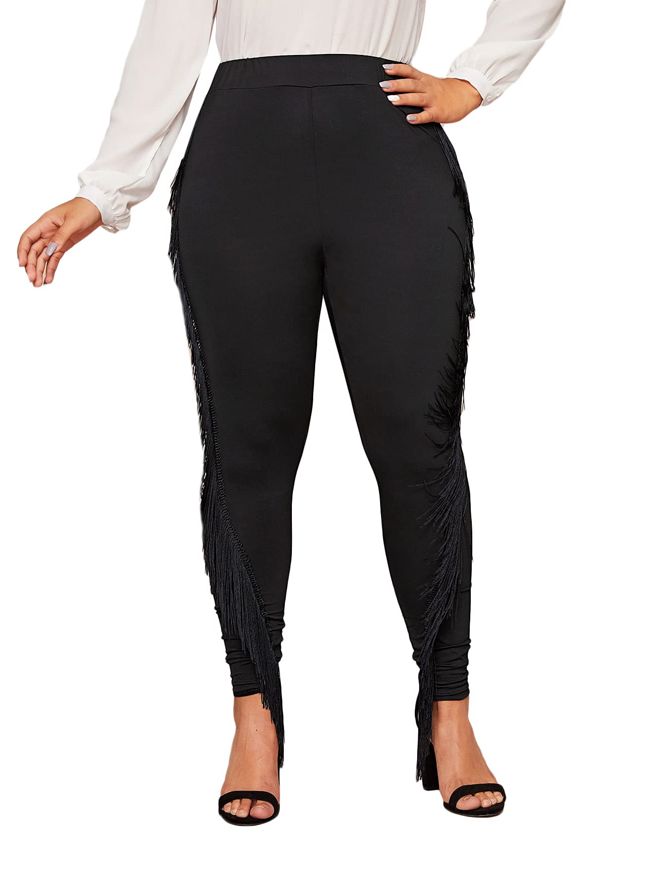 Floerns Women's Plus Size Stretchy Skinny Fringe Trim Yoga Leggings - High Waist Workout Pants for Running, Gym & Casual Wear