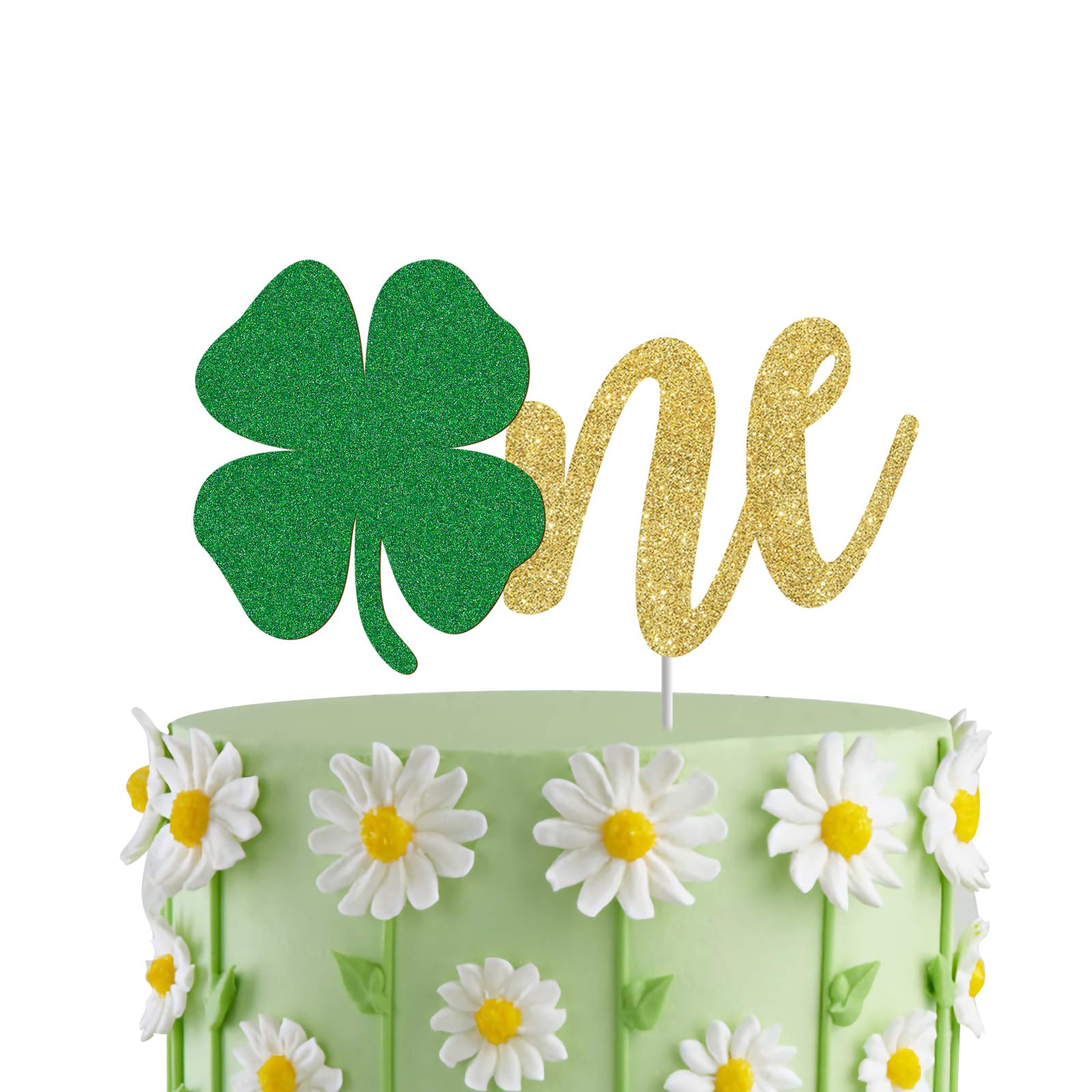 Shamrock One Cake Topper - 1st Birthday Cake Decorations for St. Patrick's Day - Gold & Green Glitter Clover Party Decor - Perfect for Smash Cake Photos & Baby's First Birthday Celebrations