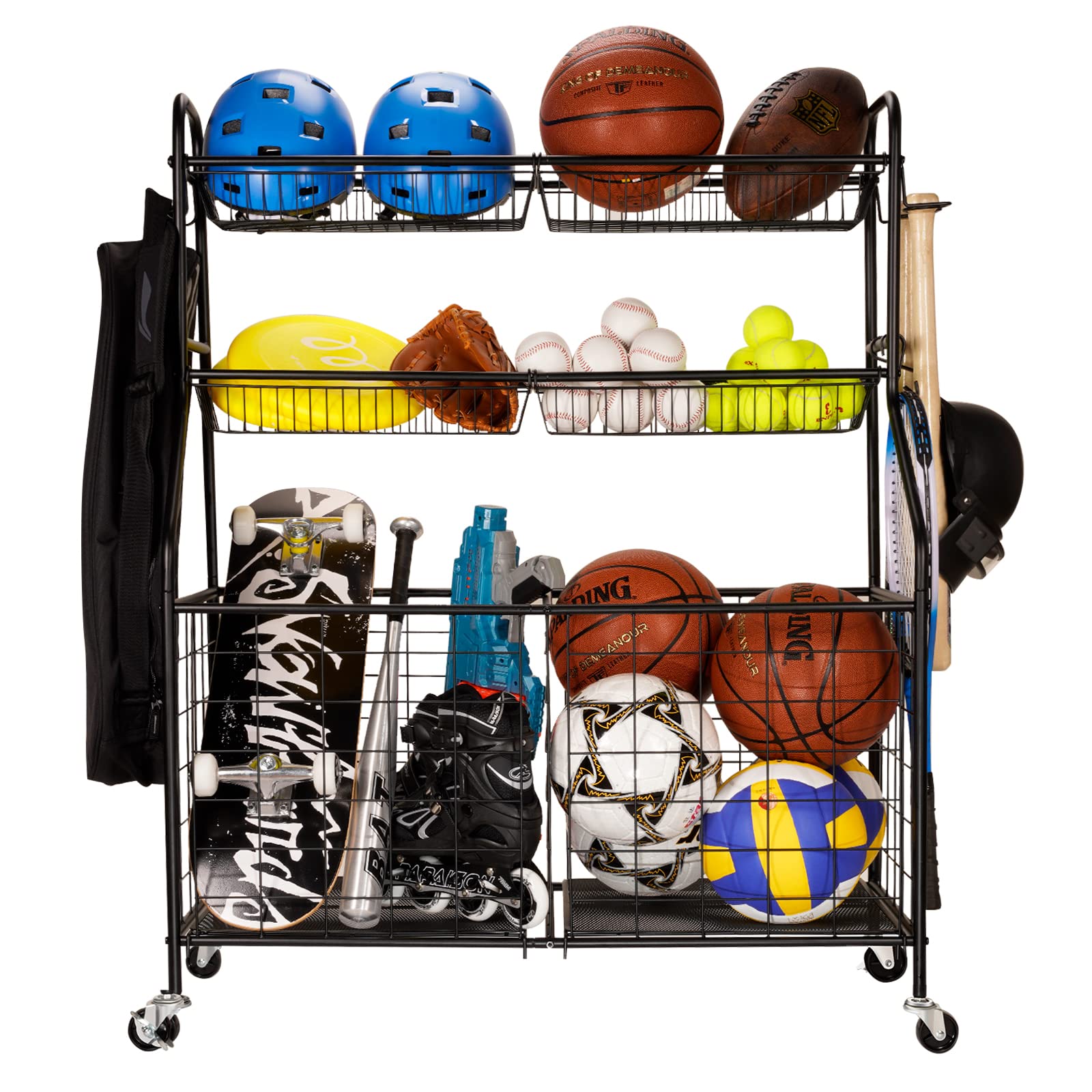 Steel Black Sports Equipment Organizer - Rolling Basketball Rack & Nerf Gun Storage for Garage, Indoor & Outdoor Use - Heavy-Duty Toy & Gear Organization System (WEY007) - Perfect for Home Gym, Playroom & Backyard Sports Storage