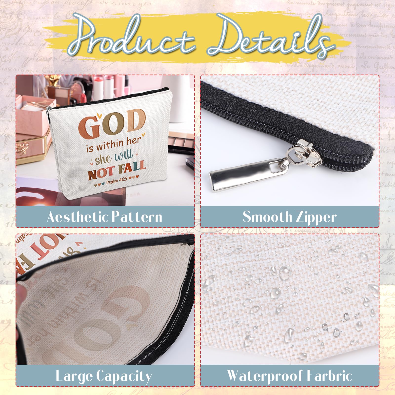 Christian Makeup Bag for Women - Bible Verse Cosmetic Pouch with 'God is Within Her She Will Not Fall' Design, Religious Faith Gift for Sister & Friends - Perfect for Birthday, Christmas & Daily Devotional Use