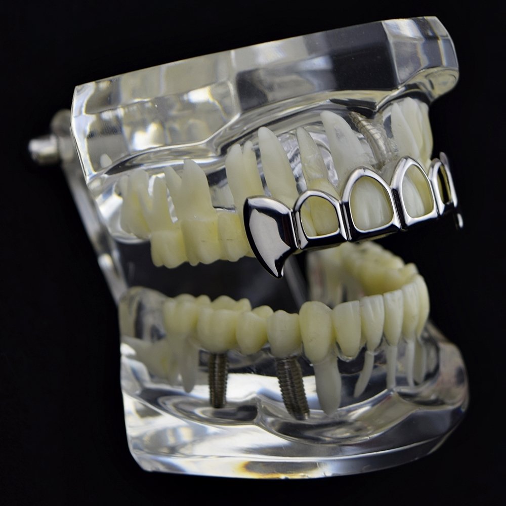 Vampire Fang Grillz - 4 Open Face Silver Tone Upper Teeth Grills for Hip Hop & Halloween Costume - Perfect for Parties, Cosplay, and Music Videos