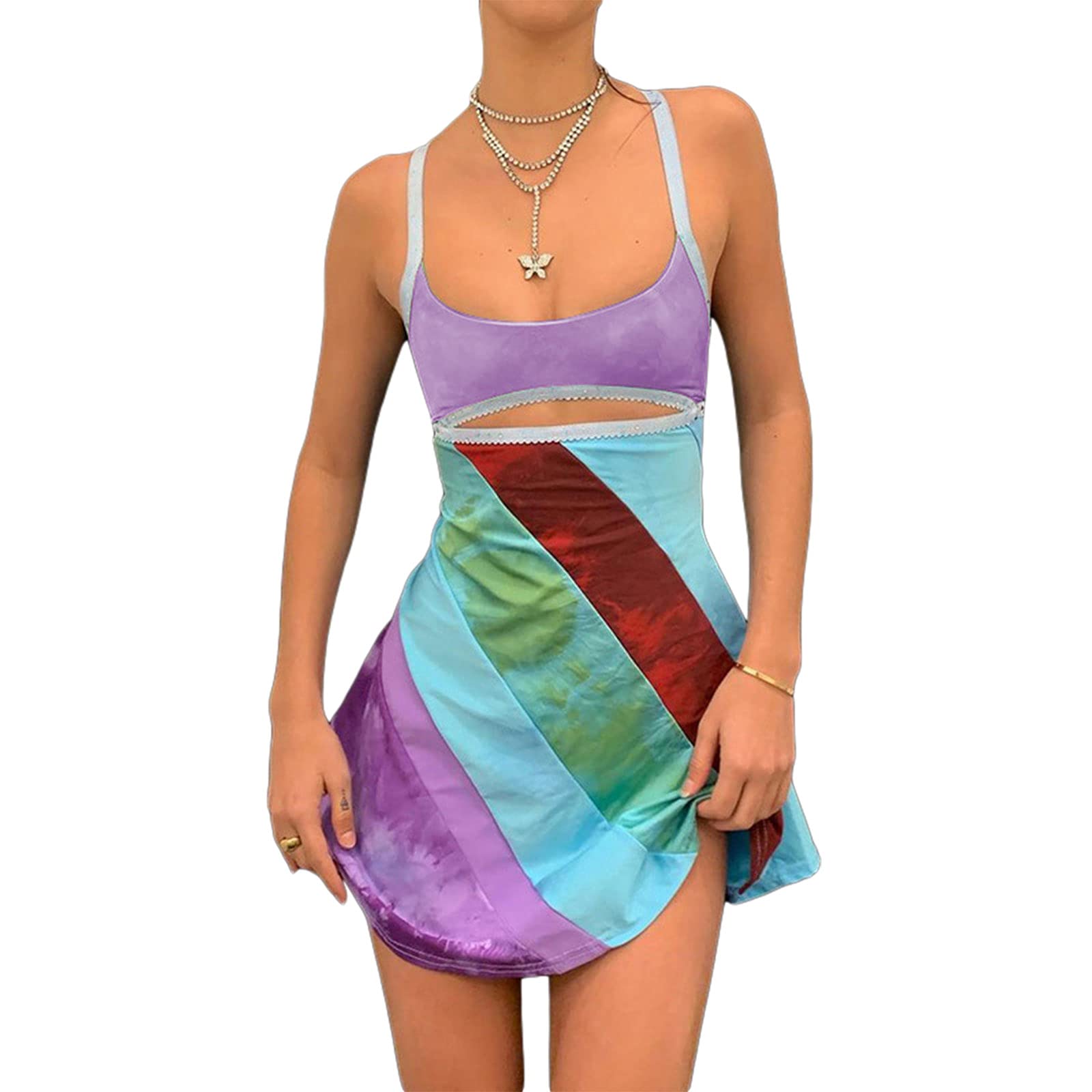 Y2K Women's Bodycon Mini Dress - Halter Backless Sundress, Slim Fit Sleeveless Patchwork Print Streetwear for Summer Parties & Night Out