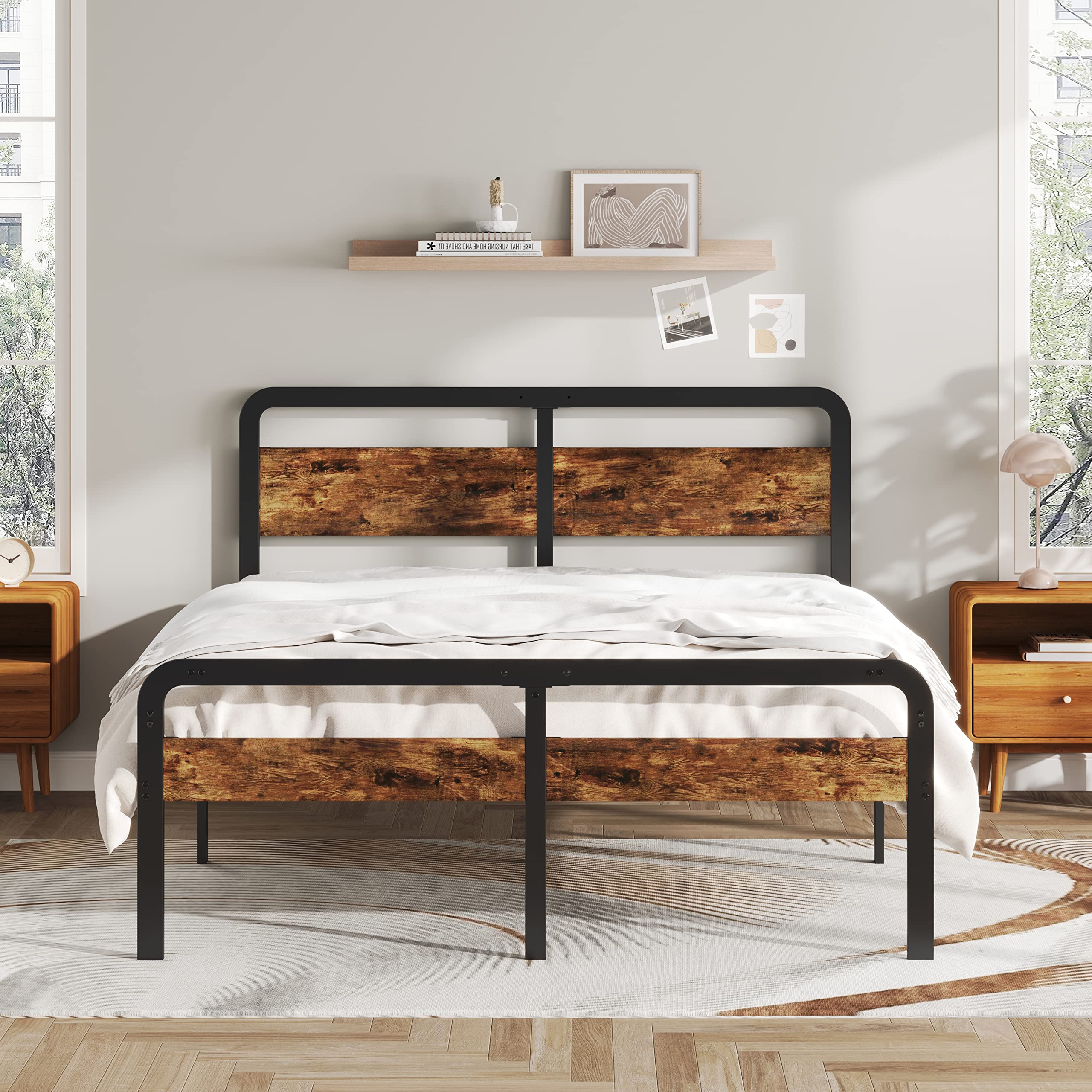 Upcanso Queen Size Bed Frame with Wood Headboard & Footboard - Heavy Duty Platform Bed with Support Slats, No Box Spring Needed - Easy Assembly for Bedroom, Guest Room, Master Suite