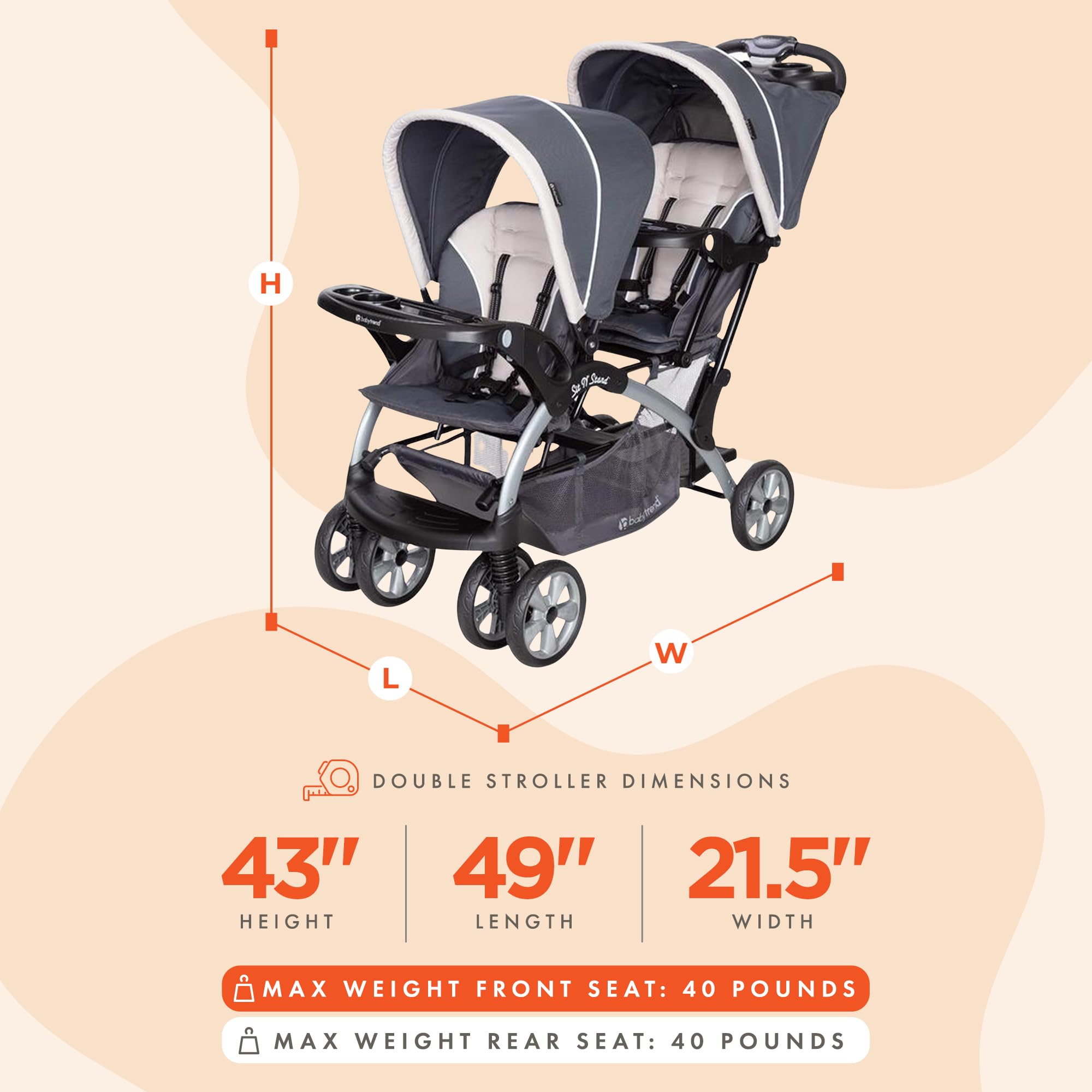 Baby Trend Sit N' Stand Convertible Double Stroller - Lightweight Foldable Travel Stroller for Toddler & Infant with 5-Point Safety Harness, Large Storage Basket | Perfect for Shopping, Travel & Daily Walks (Magnolia)