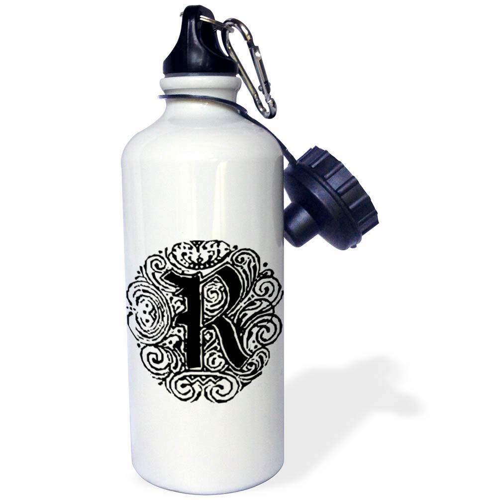 3D Rose Fancy Letter R Sports Water Bottle - 21 oz White Insulated Stainless Steel Bottle for Gym, Hiking & Outdoor Activities