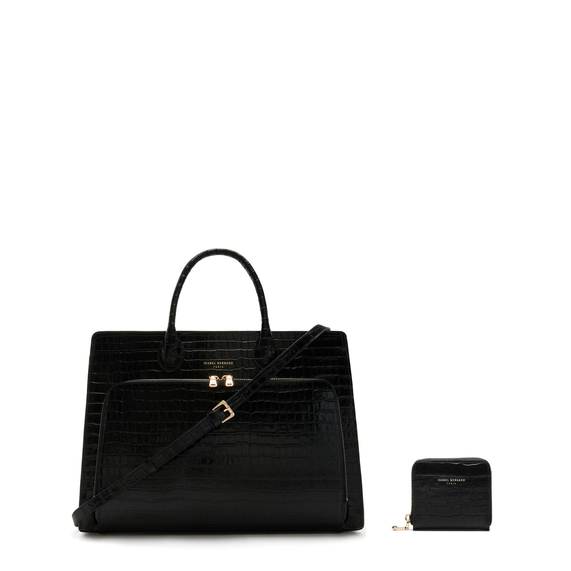 Isabel Crocodile Embossed Black Calfskin Leather Handbag and Wallet Set - Luxury Women's Purse & Card Holder for Work, Travel, and Evening Events