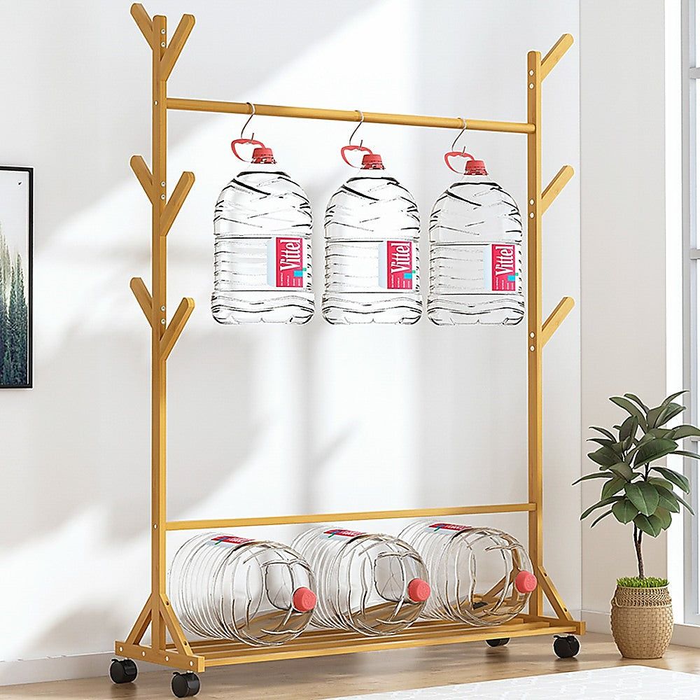 Portable Bamboo Clothes Rack - Adjustable Garment Stand with Wheels for Coat Hanging, Drying, and Organizing - Perfect for Bedroom, Closet, Laundry Room, and Small Spaces