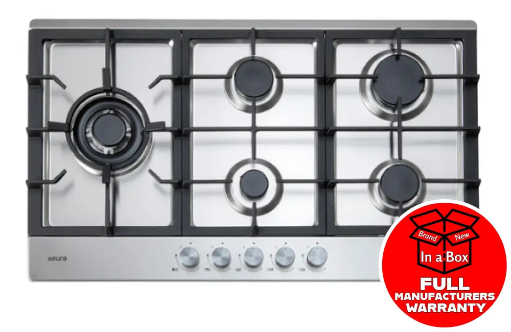 Euro ECT90G5X 90cm 5-Burner Gas Cooktop with Cast Iron Grates - Professional Grade Stainless Steel Stove for Home Kitchen, Perfect for Cooking Large Meals & Entertaining Guests