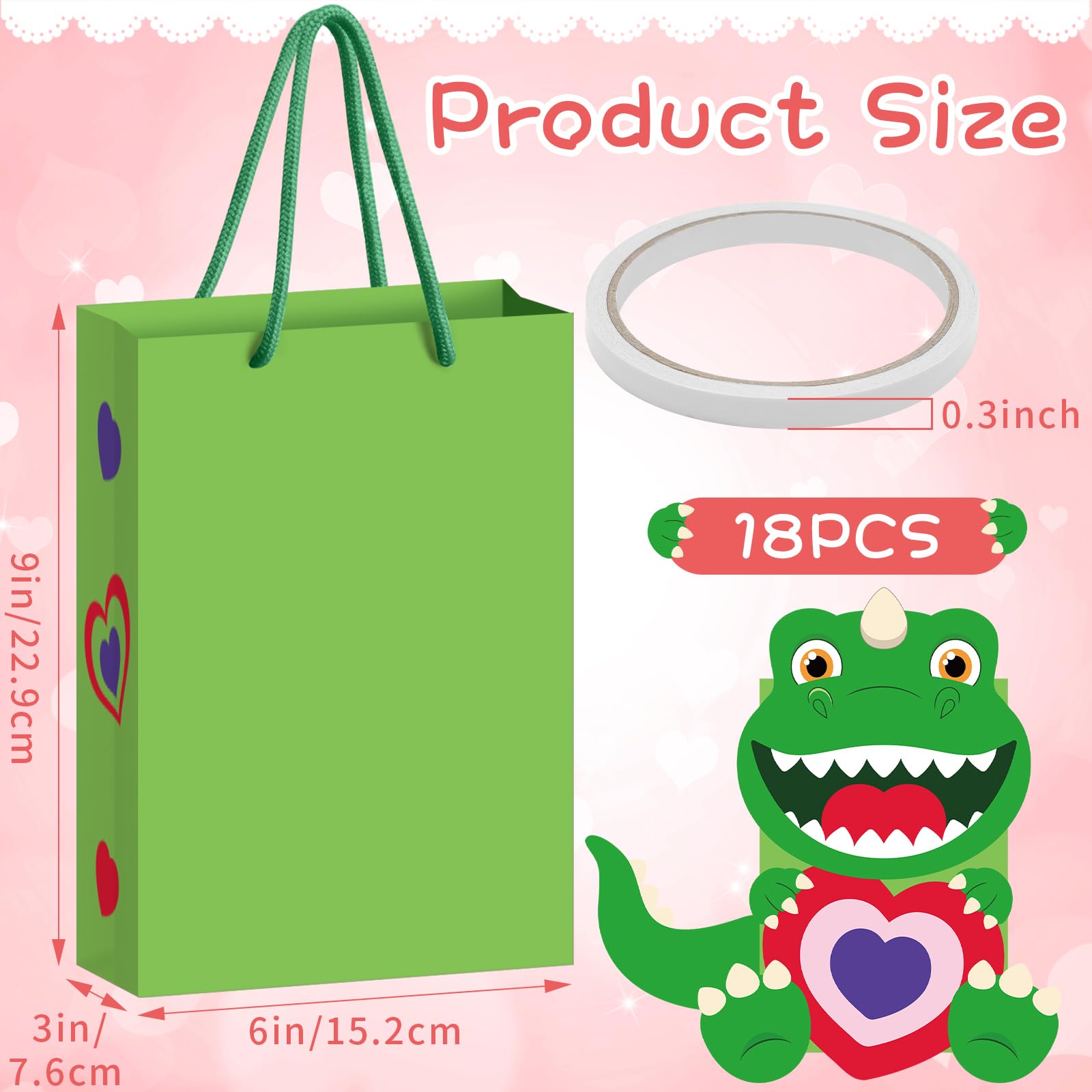 18 Pcs DIY Valentine's Day Paper Gift Bags for Kids - Cute Dinosaur Print Candy Bags with Handles, Classroom Party Favors, School Exchange Gifts, Valentine Crafts & Gift Wrapping Activities (Green) - Perfect for Valentine's Day Celebrations, Classroom Parties & Kids' Craft Activities