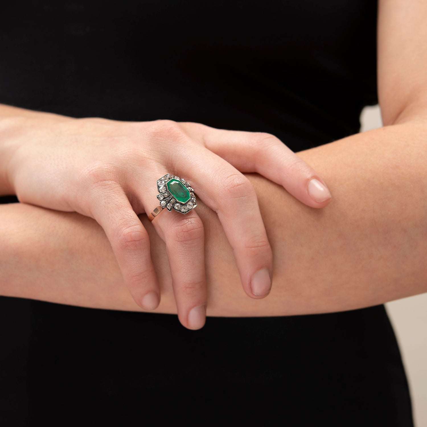Victorian Style 15k Gold & Sterling Silver 3.50ctw Emerald and Diamond Cluster Ring - Elegant Vintage Jewelry for Weddings, Anniversaries & Special Occasions