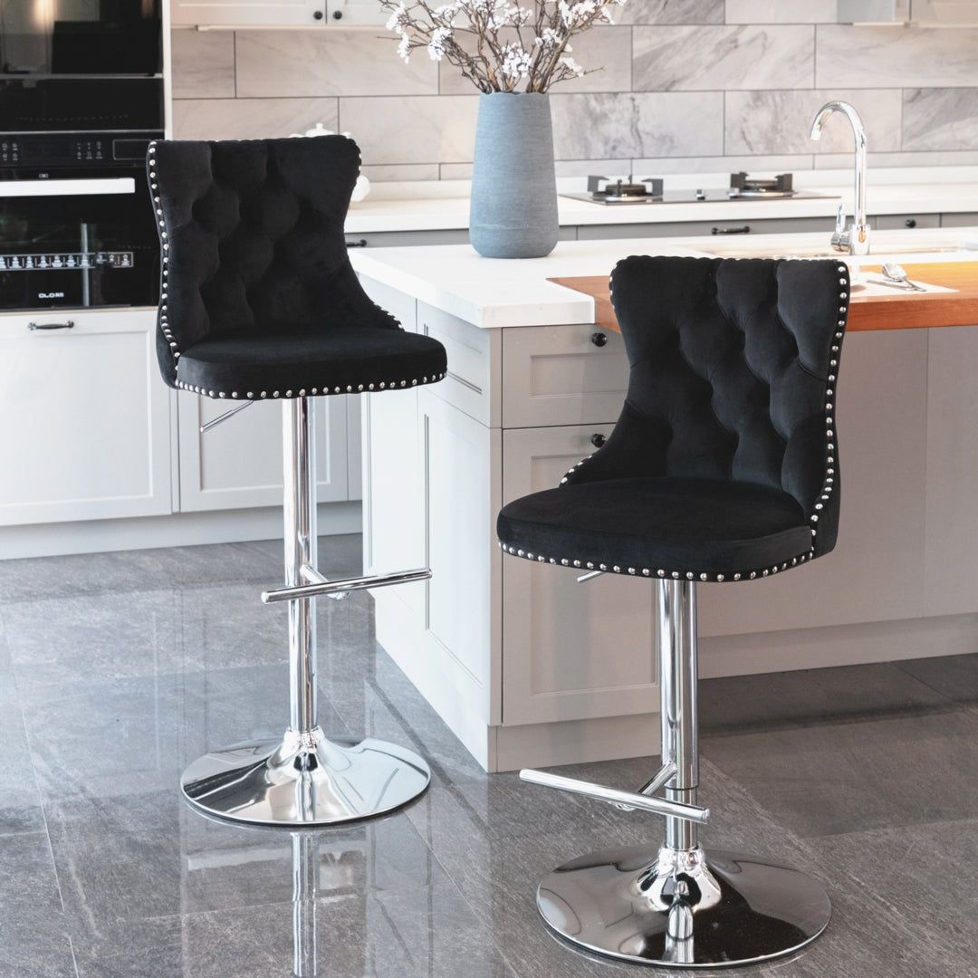 Adjustable Swivel Bar Stools with Footrest - 4 Pack Velvet Upholstered Bar Stools with Chrome Base & Studded Design for Kitchen Island, Home Bar & Dining Room