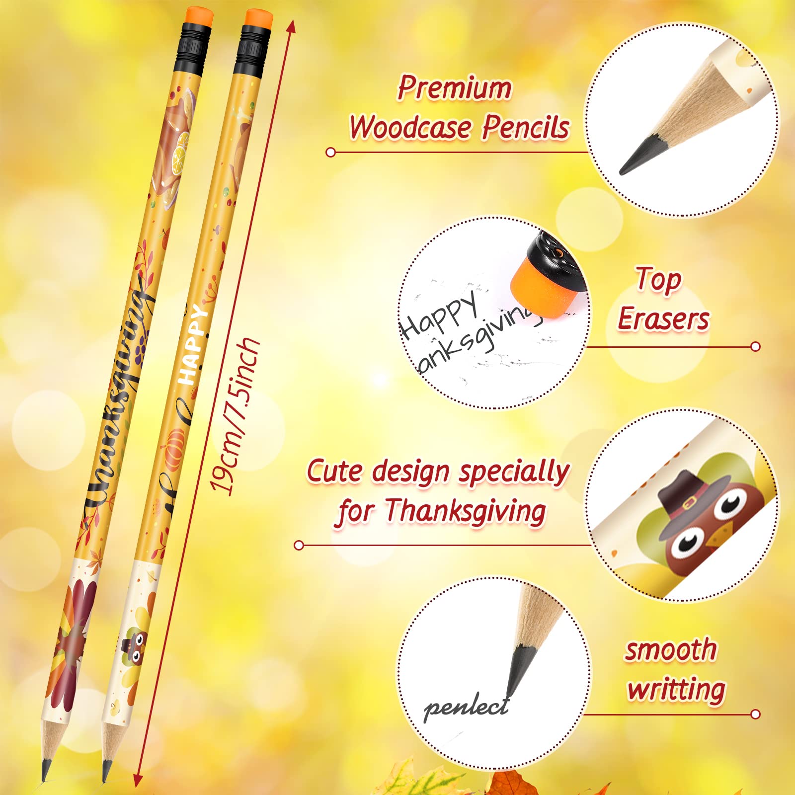 60 Pcs Thanksgiving Pencils Bulk - Fall Themed Wooden Pencils with Erasers for Kids, Students & Classroom Rewards - Perfect for Thanksgiving Gifts, School Supplies & Autumn Crafts