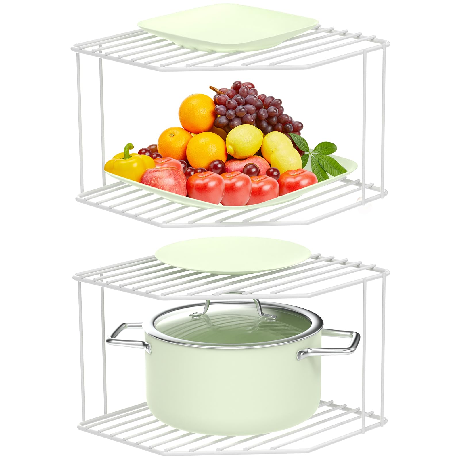 2-Tier Corner Stackable Organizer Shelf for Kitchen - 2PCS White Cabinet Storage Rack for Counter, Pantry & Bathroom | Space-Saving Shelves for Spices, Cosmetics & Small Items