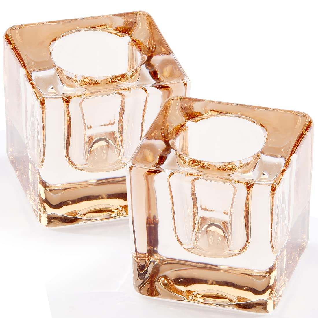 2PCS Amber Square Glass Taper Candle Holders - Elegant Table Centerpiece Decor for Wedding, Dining & Party | Crystal Candle Stick Holder Set for Romantic Ambiance & Home Decoration