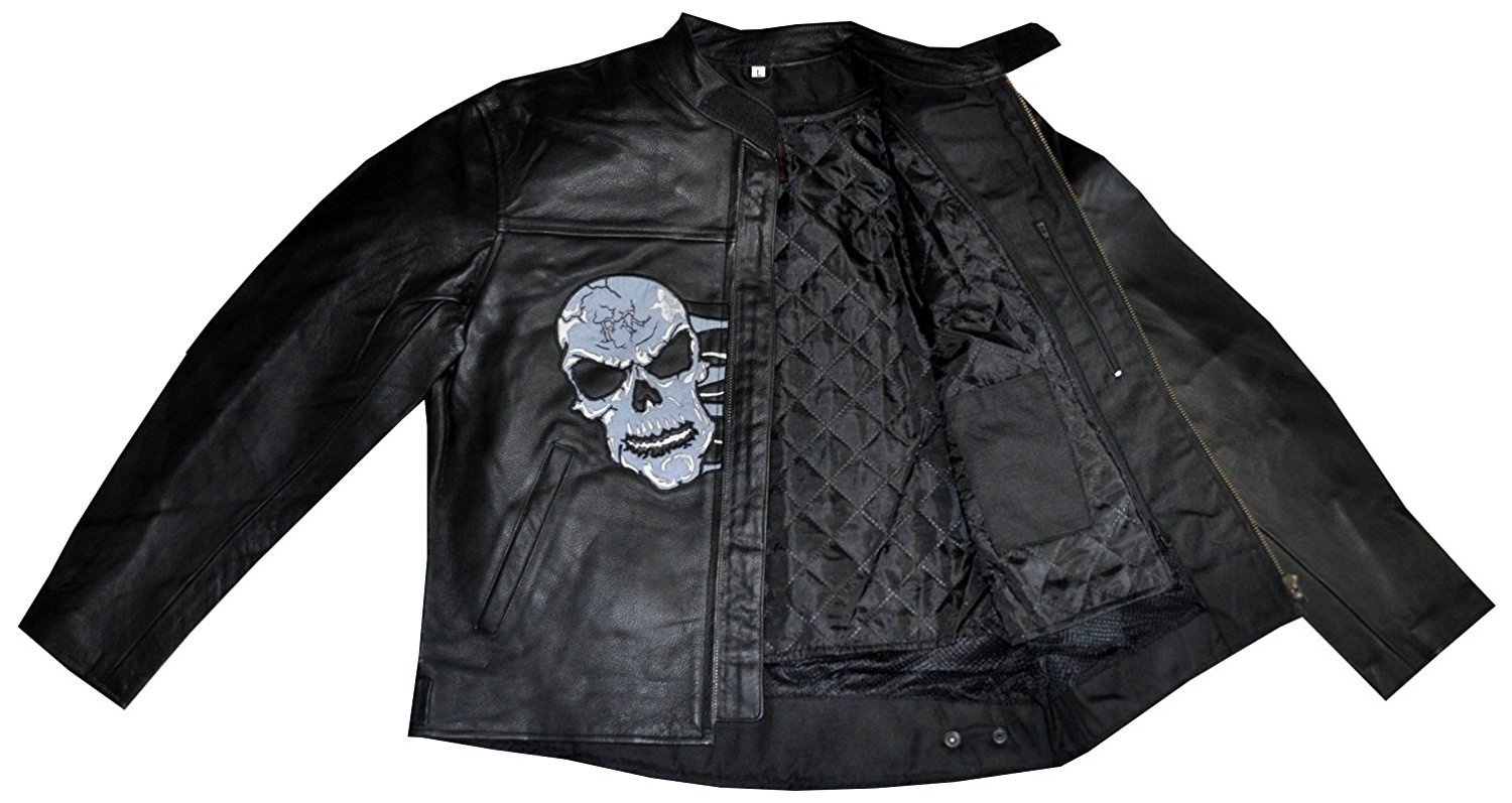 Men's Genuine Leather Motorcycle Jacket with Skull Embroidery - Biker Style, Durable & Comfortable for Riding, Cruising & Outdoor Adventures