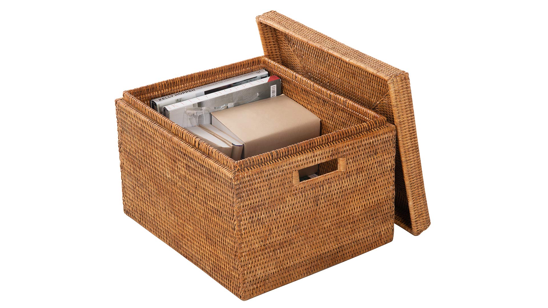 Kouboo La Jolla Rattan Storage Basket with Lid - Wicker Decorative Box for Toys, Laundry, Kitchen & Living Room Organization - Honey Brown Home Decor Storage Solution for Bedroom, Bathroom and Nursery