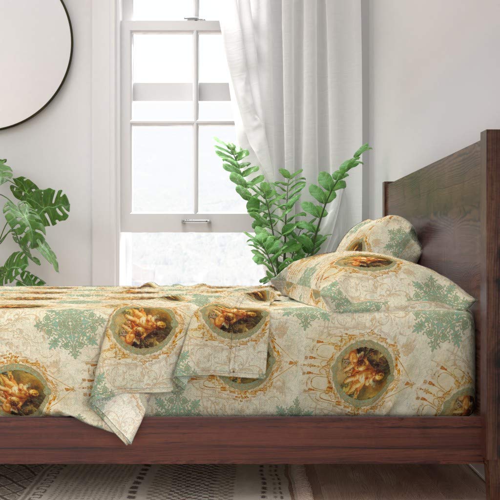 Premium 100% Cotton Twin Sheet Set 3-Piece - Christmas Victorian Angel Snowflake Wreath Green Print Custom Bedding | Soft Breathable Bed Sheets for Holiday Decor, Guest Room & Cozy Winter Nights