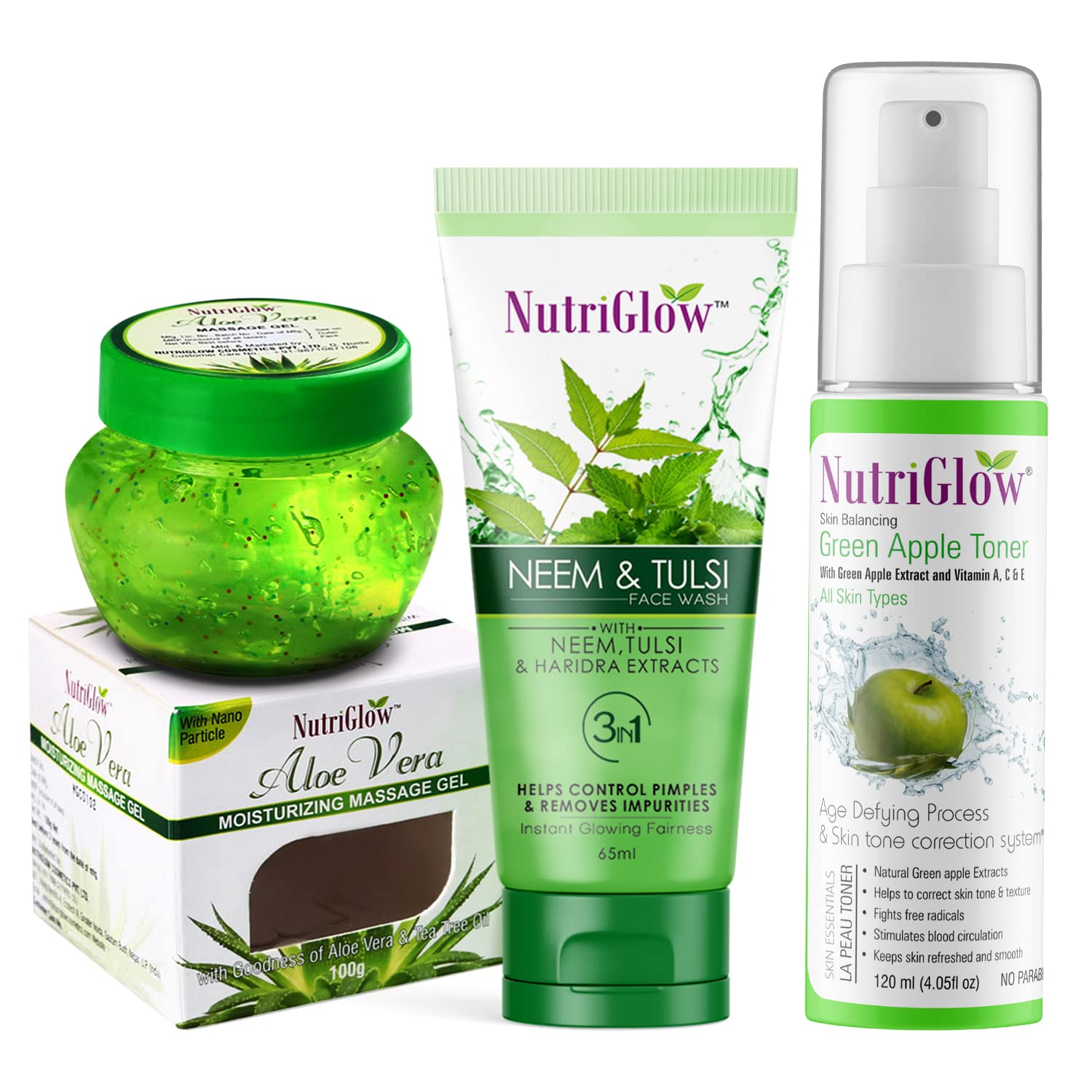 NutriGlow 3-in-1 Skincare Set: Aloe Vera Moisturizing Massage Gel (100g) + Neem & Tulsi Face Wash (65ml) + Green Apple Toner (120ml) | For All Skin Types | Daily Cleansing, Hydration & Skin Rejuvenation | Perfect for Morning & Night Routine