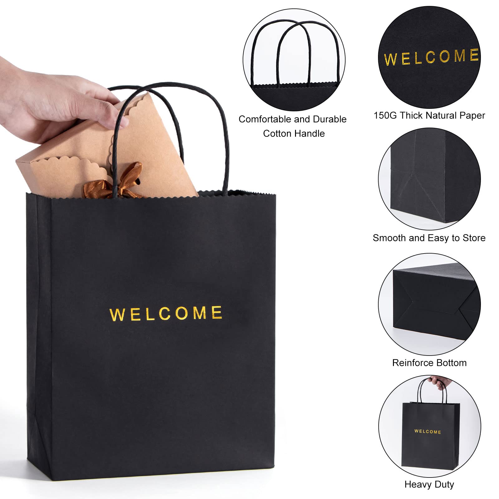 50 Pack Black Welcome Gift Bags with Handles - 7.9 x 3.7 x 9.4 Inches, 250g Paper - Perfect for Weddings, Parties, Retail & Shopping Bags - Bulk Welcome Bags for Guests, Bridal Showers & Corporate Events