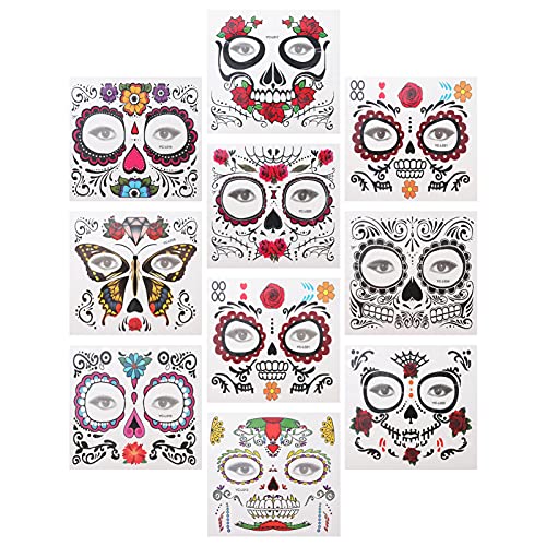 Premium Day of The Dead Skeleton Face Tattoos - 10 Sheets Halloween Temporary Tattoos for Adults & Kids - Mexican Sugar Skull Makeup Decals for Halloween Parties, Costume Contests & Dia de Los Muertos Celebrations