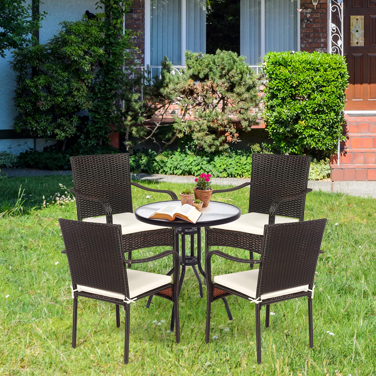 RELAX4LIFE 4-Piece Stackable PE Wicker Patio Dining Chairs Set with Comfortable Cushions & Rust-Proof Steel Frame - Outdoor Conversation Chairs for Porch, Garden, Poolside & Backyard Relaxation | Perfect for Dining, Lounging and Entertaining Guests